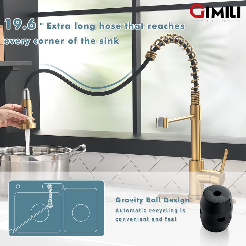 GIMILI Brushed Gold Kitchen Faucet with Soap Dispenser, Single Handle