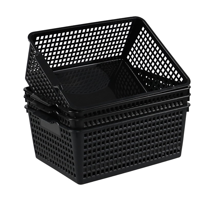 Waikhomes Plastic Storage Baskets for Organizing, Pack of 4 (Black)