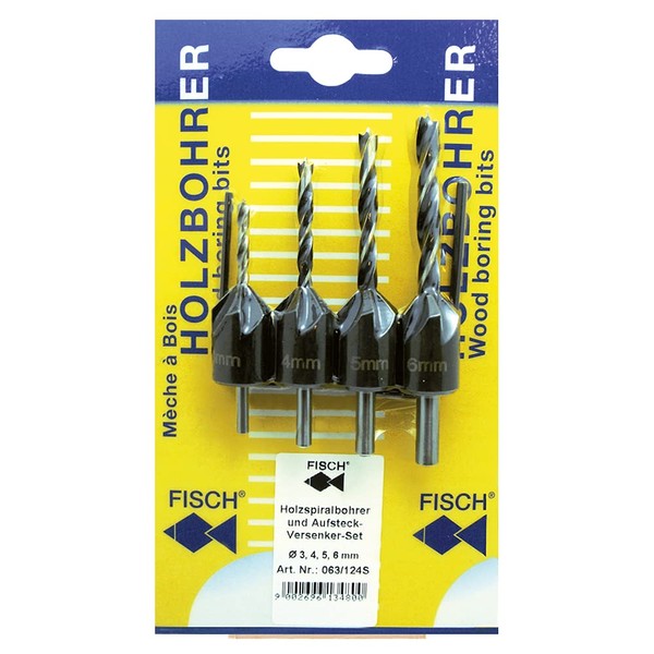 Fisch FSH-134800 Drill/Countersink Set, 1/8-Inch/3mm, 5/32-Inch/4mm, 3/16-Inch/5mm, and 1/2-Inch/6mm