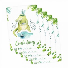 nikima Schönes für Kinder - 5 Invitation Cards Crocodile Indian Green with 5 Transparent Envelopes Children Birthday Girl Boy Invitation Celebration Watercolour