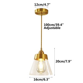 KCO Mini Conical-Shaped Glass Pendant Lighting Fixture Modern Industrial Hanging Ceiling Light with 39.4” Long Adjustable Cord for Kitchen Island, Living Room, Bedroom, Bathroom, Kitchen ( Gold )