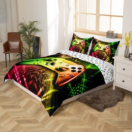 Gamepad Bedding Sets for Boys,Reversible Gaming Duvet Cover Set Twin Size,Teens Video Games Geometry Comforter Cover,Bed Set for Kids Bedroom,Gamepad Controller,2 Pcs with 1 Pillow Case,Red Green Neon