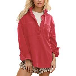 Gacaky Sweatshirt for Women Oversized Casual Long Sleeve Polo V Neck Split Polo Sweatshirt Fashion Outfits Clothes Red L