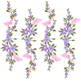 4 Pcs Flower Butterfly Embroidered Patches Long Floral Iron on Patches Floral Applique Wisteria Repair Patch for Clothes Dresses Decorative DIY Craft Sewing