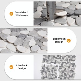 Adolif Pebble Tile for Shower Floor, Grey Oval Pebble Mosaic Backsplash for Kitchen Bathroom Wall and Floor Tile and Outdoor Areas, 5 Sheets
