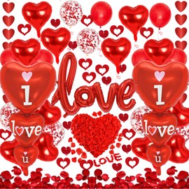 Valentines Day Decorations with I Love You and Red Heart Foil Balloons, Latex Balloons, Fake Rose Petals and Hearts Garland for Valentines Day Party Wedding Anniversary Engagement Decor