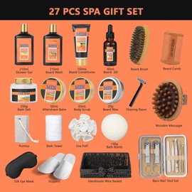 27Pcs Valentines Day Gifts Spa Gift Basket for Men - Bath and Body Gift Basket Set for Dad with Massager | Perfect Gifts for Christmas, Fathers Day, Birthday Gift Beard Bath Spa Gift Set for Men