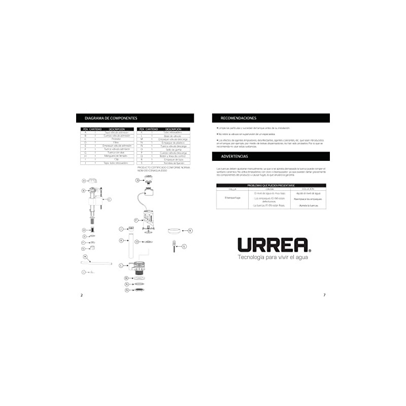 Urrea K06P07D2 Válvula para Tanque de WC de Descarga Dual