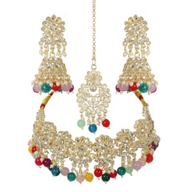 Siddhatva Designer Indian Ethnic Statement Traditional Wedding Bridal Statement Gold Pearl Kundan Choker Necklace Earrings Jewelry Set (MULTI)