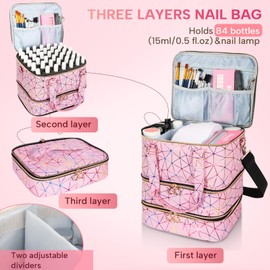 MZTXY Nail Polish Organizer Bag Holds 84 Bottles & Nail Lamp, 3 Layers Nail Kit Storage Carrying Case Pu Leather, Large Nail Supplies Organizer With Shoulder Strap, Portable Travel Nail Bag,Pink