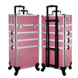 SCIKHEFT 5 in 1 Professional Makeup Train Case Aluminum Cosmetic Case Rolling Makeup Case Extra Large Trolley Makeup Travel Organizer, with 360° Swivel Wheels (diamond pink)