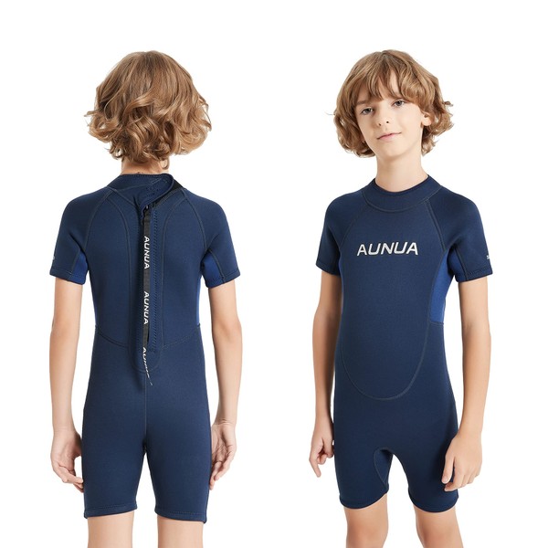 Aunua Children's 3mm Youth Swimming Suit Shorty Wetsuits Neoprene for Kids Keep Warm(7035 NavyBlue 10)