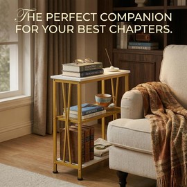 GIOPACO Narrow Side Table, End Table with 3 Tier Storage Shelves, Industrial Rustic Accent Skiny End Tables for Small Spaces, Slim Couch Beside Table, Small Hallway Table for Living Room (White+Gold)