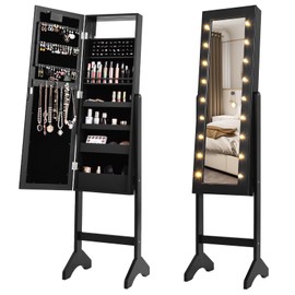LOKO Jewelry Armoire with 18 LED Lights, Freestanding Jewelry Organizer with Full-length Mirror, Large Storage Mirrored Jewelry Cabinet with 16 Lipstick Holders, for Bedroom, Dressing Room (Black)