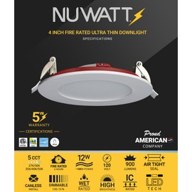 NUWATT 2 Hour Fire Rated Recessed Lighting 4 Inch Wafer LED Lights, 2700K/3000K/3500K/4000K/5000K Selectable, 12W, Dimmable 900LM, Wet & IC Rated, 90 CRI Canless Light, ETL, No Tenmat Needed, 6 Pack