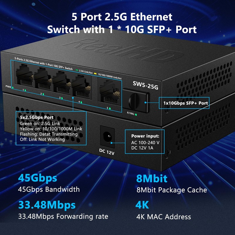 5 Port 2.5GB Ethernet Switch Unmanaged Network Switch | 5