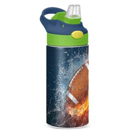 American Football Kids Water Bottle with Straw Lid Insulated Stainless Steel Reusable Tumbler Leakproof Vacuum Boys Girls Toddler School Sports 12oz