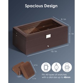 Kukikan Watch Jewelry Box Organizer, 6-Slot 2-Layer Watch Case and Sunglasses Storage with Large Glass Lid, Men's Jewelry Box with Lock, Watch Holder Display Case, Gift for Men Women