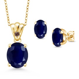 18K Yellow Gold Plated Silver Blue Sapphire and Fancy Brown Zirconia Pendant and Earrings Jewelry Set For Women (8.13 Cttw, Gemstone Birthstone, Oval 11X9MM and 8X6MM with 18 Inch Silver Chain)