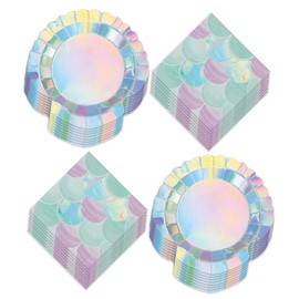 Mermaid Party Supplies - Shimmering Clamshell Dessert Plates and Mermaid Scales Napkins (Serves 16)