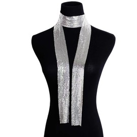 COLORFUL BLING Women Glitter Sparkle Metal Punk Sequins Neck Tie Necklace 160cm Long Thin Skinny Tie Shiny Chain Choker Shawls Party Evening Jewelry Accessories-Silver