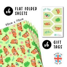 CENTRAL 23 Sloth Wrapping Paper - 6 Sheets Of Jungle Gift Wrap - Sleeping Sloths - Butterfly - Green Wrapping Paper For Birthday - Comes With Stickers - Recyclable