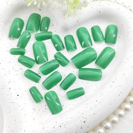 Green Press on Nails Medium Square Fake Nails with Glitter Cat Eye Designs Reusable Glue on Nails Full Cover Acrylic Nails Glossy False Nails Artificial Stick on Nails for Women 24Pcs