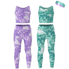 Essenclo Girls Athletic Leggings Yoga Pants w/Sleeveless Crop Tank Tops for Kids Workout Cheer Dance Run Sizes 3-16, 5pc Set - E2110 - Set-2-9-10