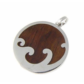 Arthur's Jewelry Koa Wood Hawaiian Scroll Ocean Surf Wave Circle Rhodium Plated Brass Reversible Pendant