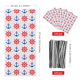 Lecpeting 100 Pcs Nautical Treat Bags Anchors Wheel Print Cellophane Candy Bags Plastic Goodie Storage Bags Nautical Party Favor Bags with Twist Ties for Nautical Theme Birthday Party Supplies