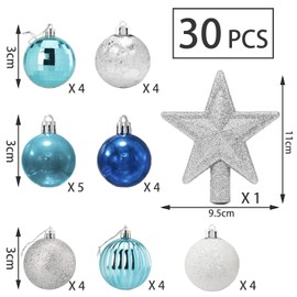 Pack of 30 Mini Christmas Baubles with Hanger, 3 cm Small Christmas Tree Baubles, Blue & Silver Baubles, Mini Christmas Tree, Table Christmas Tree Decoration Set
