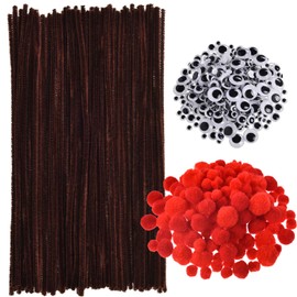 150 Pieces Brown Pipe Cleaners Chenille Stems, 150 Pieces Red Pom Poms Assorted Size Craft Pompoms and 300 Pieces Wiggle Googly Eyes with Self-Adhesive Back for Christmas Reindeer Crafts DIY Making