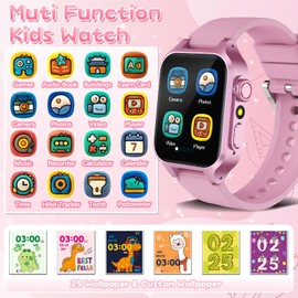 Smart Game Watch for Kids with 32 Games, Telescopic Camera, Pedometer, Alarm, Video, Music, Auidobook, Learn Card, Parental Control, Kids Wrist Watch for Ages 4-12 Girls Boys Chrismars Birthday Gifts