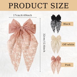 AYNKH 3PCS Lace Big Bow with Long Silky Satin, Soft Double-Layer Gentle Hair Clips, Solid Color French Barrette, Hair Fastener Accessories for Women Girls