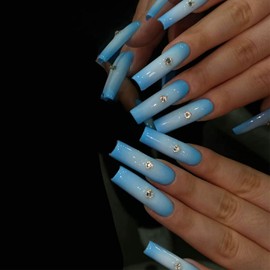IMRAIN Blue Press on Nails Long Coffn Fake Nails with White Ombre Designs Full Cover Glossy Glue on Nails Acrylic Ballerina Nail Supplies Stick on Nails for Women Girls 24Pcs