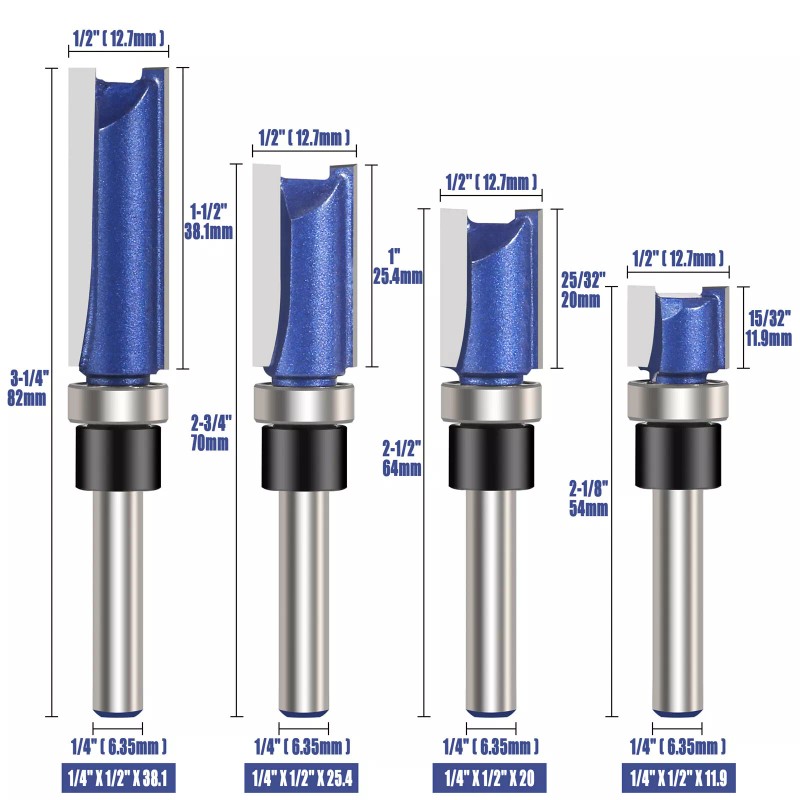 Vesery 4Pcs 1/4'' Shank Flush Trim Router Bit Bottom Bearing