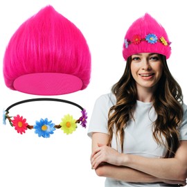 Hot Pink Wig with Floral Crown, Adult Crazy Hair Day Accessories Funny Pink Hat for Halloween Costume Cosplay Headwear