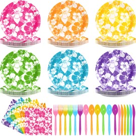Nitial 120 Pcs Hibiscus Party Plates Napkins Hawaiian Theme Tableware Set for Luau Table Decorations Supplies Tropical Dessert Plates Forks for Aloha Summer Beach Party, Serve 24 Guests
