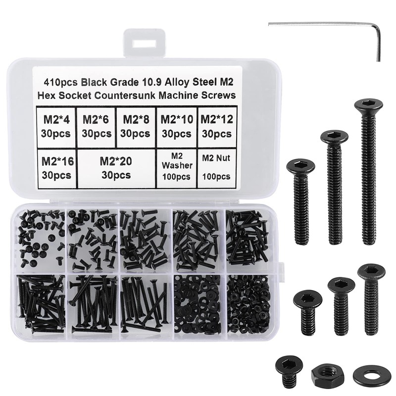 FandWay 410Pcs M2 Hex Socket Countersunk Machine Screws, 10.9 Grade