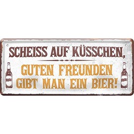 Blechschilder Bier Schild lustiger Spruch: “Scheiss AUF KÜSSCHEN .“ Deko Metallschild Türschild für Pub Theke oder Bar Geschenkidee für Deine Trink & Sauf Freunde 28x12 cm