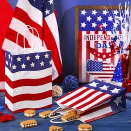 16 Pieces Patriotic Gift Bags with Handle with 18 Pcs Tissue Paper 4th of July Gift Bags American Flag USA Gift Bags for Veterans Day Memorial Day Independence Day Party (Cute Style)