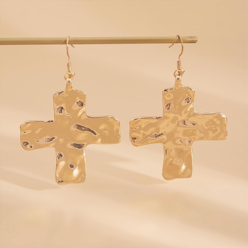 14K Gold Big Cross Dangle Earrings for Women Dainty Large