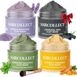 ANRCOLET 4-Pack Clay Face Mask Set (Total 280g) - Vitamin C Turmeric Charcoal BHA Artemisia Salicylic and Purple Mask for Deep Pore Cleansing Oil Control Blackhead Removal Skincare / ANRCOLET 4팩 클레이 페이스 마스크 세트(총 280g) - 비타민 C 강황 차콜 BHA 쑥 살리실릭 및 퍼플 마스크로 딥 모공 클렌징 오일 컨트롤 블랙헤드 제거 스킨케어