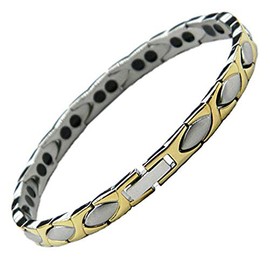 Stargems® PURE TITANIUM MAGNETIC BRACELET GOLD SILVER 2 TONE DOUBLE STRENGTH POWERFUL 3,000 GAUSS MAGNETS WRIST BAND BANGLE WOMEN LADIES + VELVET GIFT POUCH