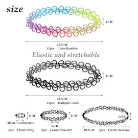 33 Pieces Tattoo Choker, Stretch Necklace, Vintage Rubber Tattoo Choker, Ring Bracelet Necklace for Girls, Women (Multiple Colors)