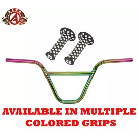 ALTA BMX CHROMOLY Z-Bar Handlebar OIL SLICK W/ 124mm CHECKERED BMX GRIPS. - Handlebar W/ Black/White Grips