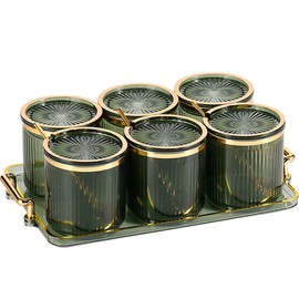 Tarros de especias acrílicos para condimentos, caja de especias con tapas y cucharas y bandeja, recipientes de condimentos de plástico transparente, caja de condimentos, paquete de 6, caja de