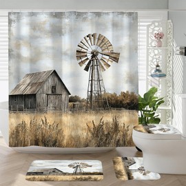 Sokdcam 4PCS Rustic Barn Windmill Shower Curtain Set, Western Farm Barn Farmhouse Bathroom Accessories with Non-Slip Rugs, Toilet Lid Cover Bath Mat and 12 Hooks, Home Decor 72" x 72"