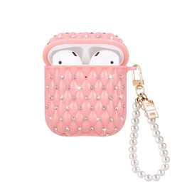 Glitter Diamond Design for AirPods 1/2 Case with Pearl Wrist Chain Keychain,Colorful Sparkle Bling Crystal Airpod 2nd Generation TPU Shock Proof Protective Skin Cover for Women Girls -Pink