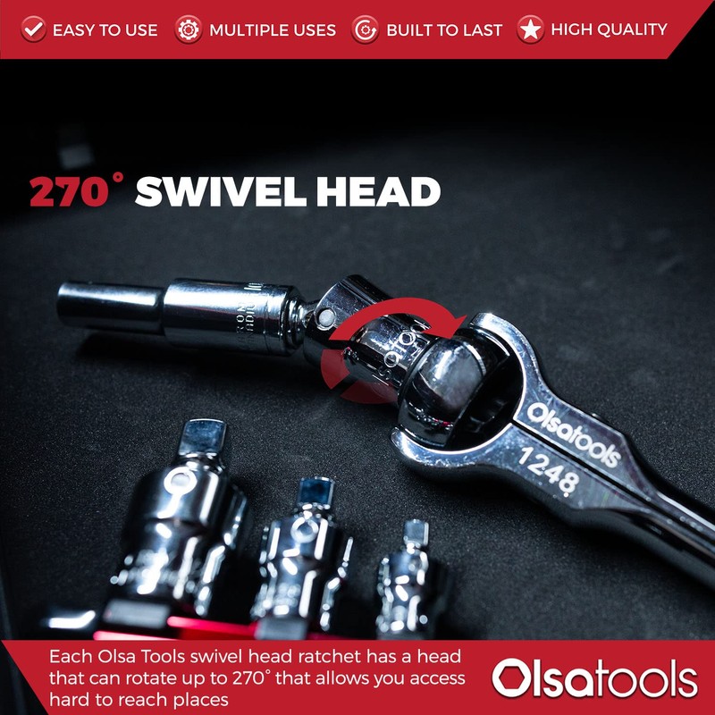 Olsa Tools 90T Swivel Head Ratchet Wrench Set, 3-Piece, Chrome